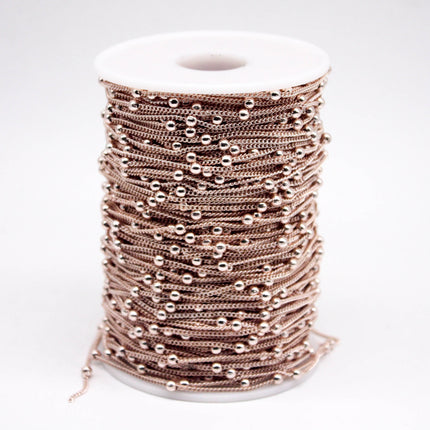 3 Ft Non Tarnished Satellite Curb Chain Rose Gold Plated  - 1.6mm Curb 3.5mm Large Beads - Anti Tarnish Free Chain - AT1.6SATBB