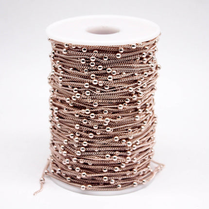 100 Ft Non Tarnished Satellite Curb Chain Rose Gold Plated  - 1.6mm Curb 3.5mm Large Beads - Anti Tarnish Free Chain - AT1.6SATBB