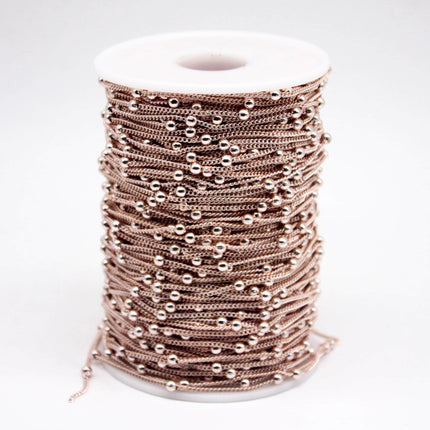 10 Ft Non Tarnished Satellite Curb Chain Rose Gold Plated  - 1.6mm Curb 3.5mm Large Beads - Anti Tarnish Free Chain - AT1.6SATBB