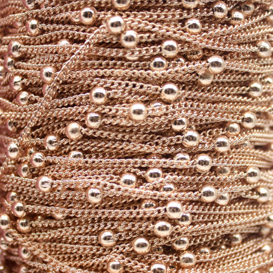 100 Ft Non Tarnish Satellite Curb Chain Champagne Gold Plated  - 1.6mm Curb 3.5mm Large Beads - Anti Tarnish Free Chain - AT1.6SATBB