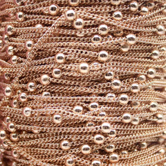 10 Ft Non Tarnish Satellite Curb Chain Champagne Gold Plated  - 1.6mm Curb 3.5mm Large Beads - Anti Tarnish Free Chain - AT1.6SATBB