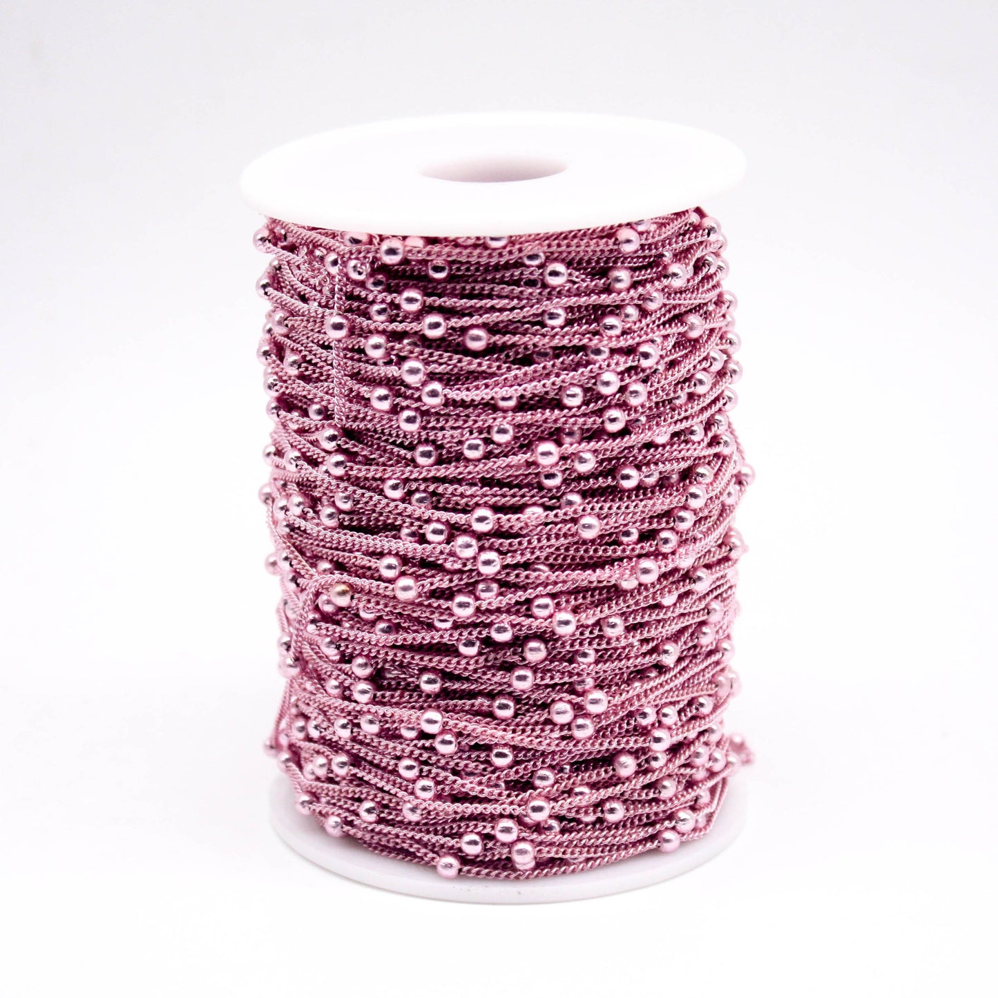 32 Ft Non Tarnish Satellite Curb Chain Pink/Bright Copper Plated  - 1.6mm Curb 3.5mm Large Beads - Anti Tarnish Free Chain - AT1.6SATBB
