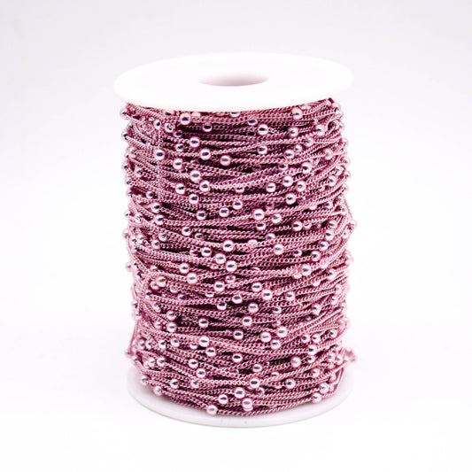32 Ft Non Tarnish Satellite Curb Chain Pink/Bright Copper Plated  - 1.6mm Curb 3.5mm Large Beads - Anti Tarnish Free Chain - AT1.6SATBB