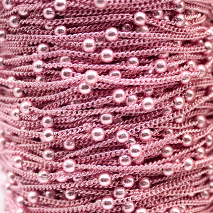 3 Ft Non Tarnish Satellite Curb Chain Pink/Bright Copper Plated  - 1.6mm Curb 3.5mm Large Beads - Anti Tarnish Free Chain - AT1.6SATBB