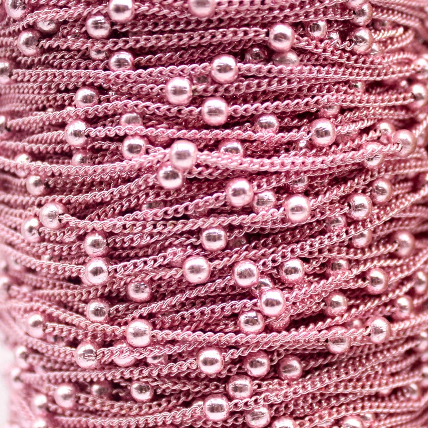 10 Ft Non Tarnish Satellite Curb Chain Pink/Bright Copper Plated  - 1.6mm Curb 3.5mm Large Beads - Anti Tarnish Free Chain - AT1.6SATBB