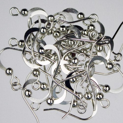 100 pcs of Antique silver Plated FLAT earwire earrimg flattened fishhook with bead ear wire 21 gauge