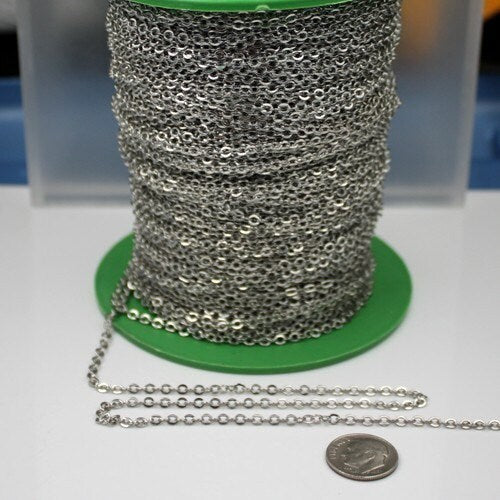 Sample 3 ft Rhodium Flat Cable Chain - 3.4x2.9mm SOLDERED Link - Antique Silver Bulk Flat Soldered Cable Chain  - 3429F-RD