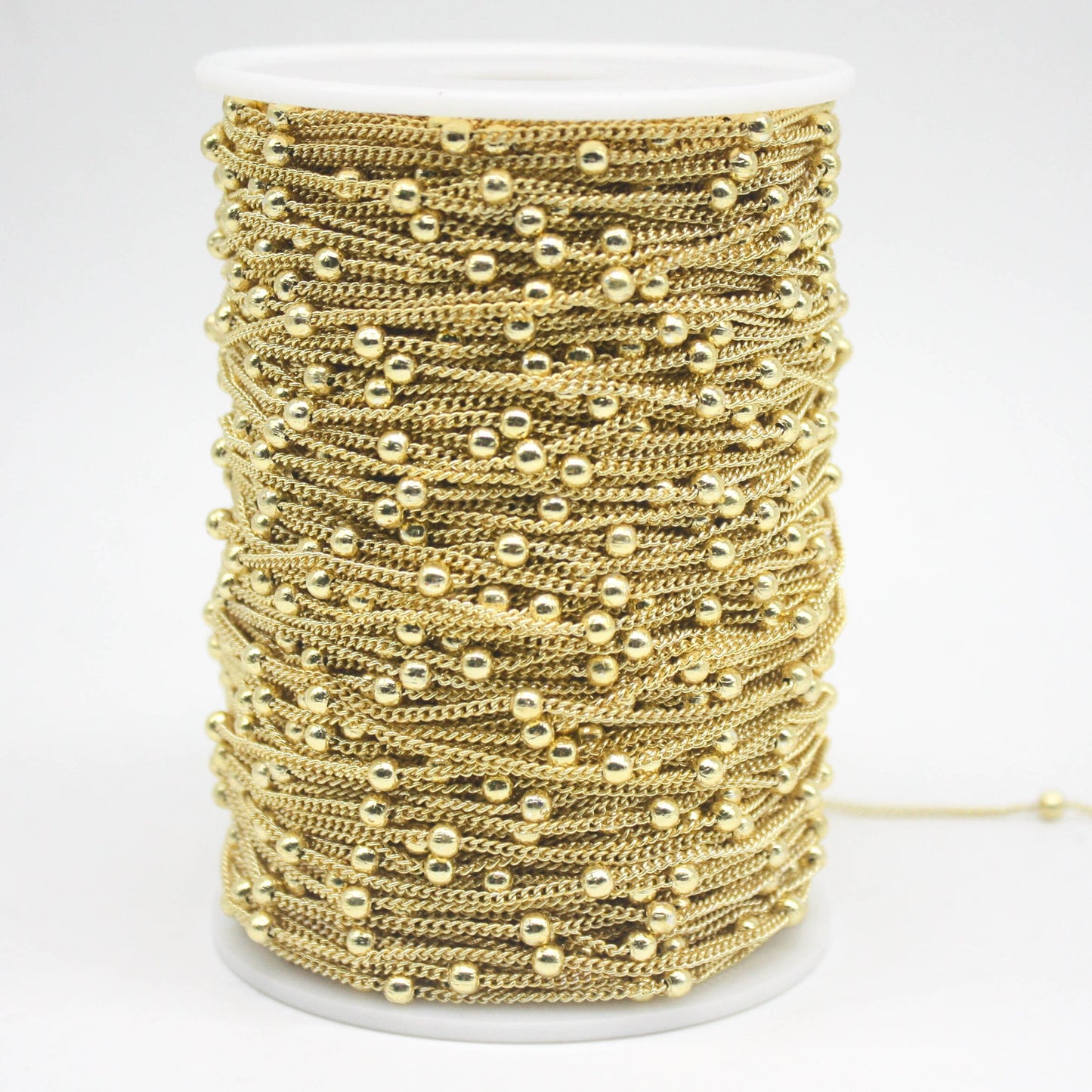 3 Ft Non Tarnished Satellite Curb Chain 18K Gold Plated  - 1.6mm Curb 3.5mm Large Beads - Anti Tarnish Free Chain - AT1.6SATBB