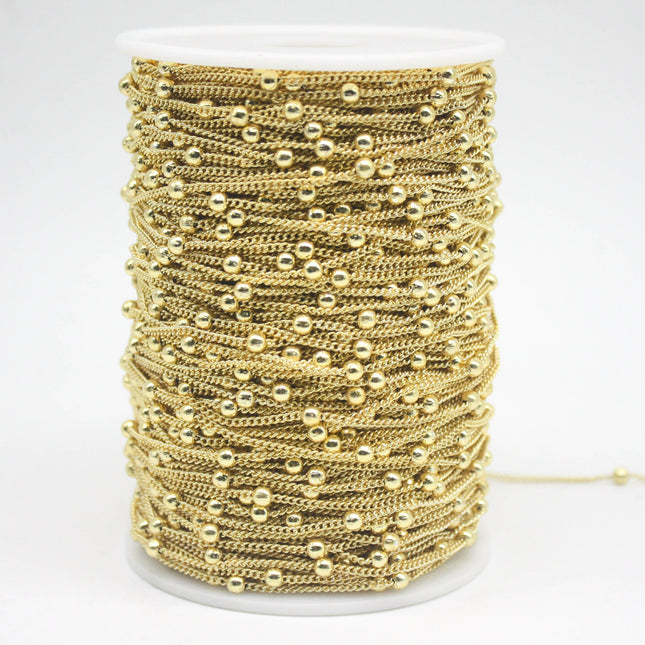 3 Ft Non Tarnished Satellite Curb Chain 18K Gold Plated  - 1.6mm Curb 3.5mm Large Beads - Anti Tarnish Free Chain - AT1.6SATBB