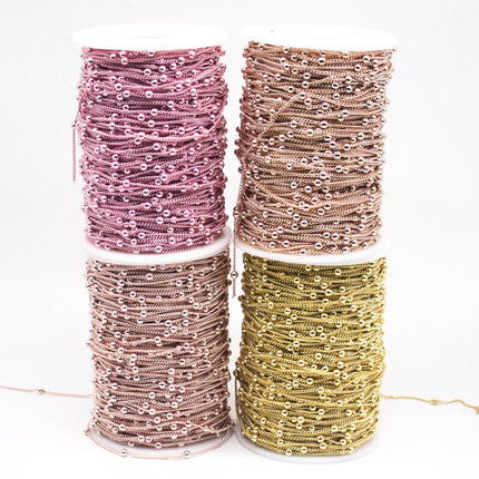 32 Ft Non Tarnish Satellite Curb Chain Pink/Bright Copper Plated  - 1.6mm Curb 3.5mm Large Beads - Anti Tarnish Free Chain - AT1.6SATBB