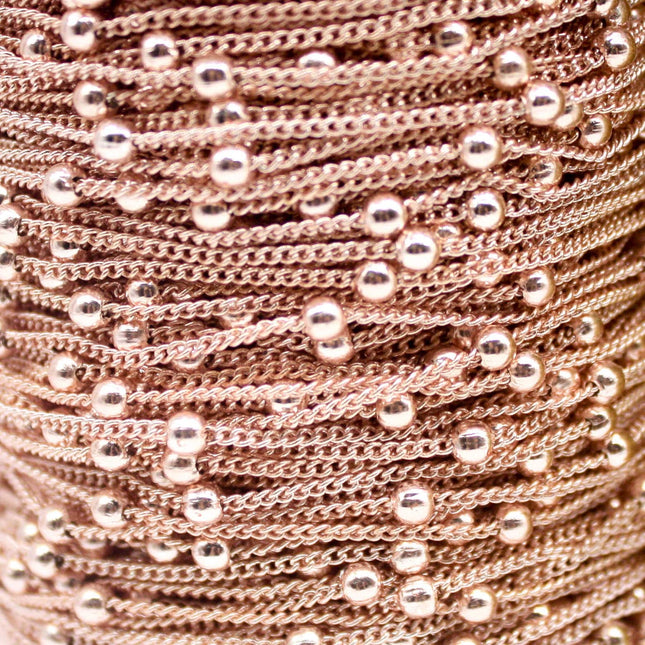 32 Ft Non Tarnished Satellite Curb Chain Rose Gold Plated  - 1.6mm Curb 3.5mm Large Beads - Anti Tarnish Free Chain - AT1.6SATBB