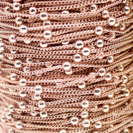 100 Ft Non Tarnished Satellite Curb Chain Rose Gold Plated  - 1.6mm Curb 3.5mm Large Beads - Anti Tarnish Free Chain - AT1.6SATBB
