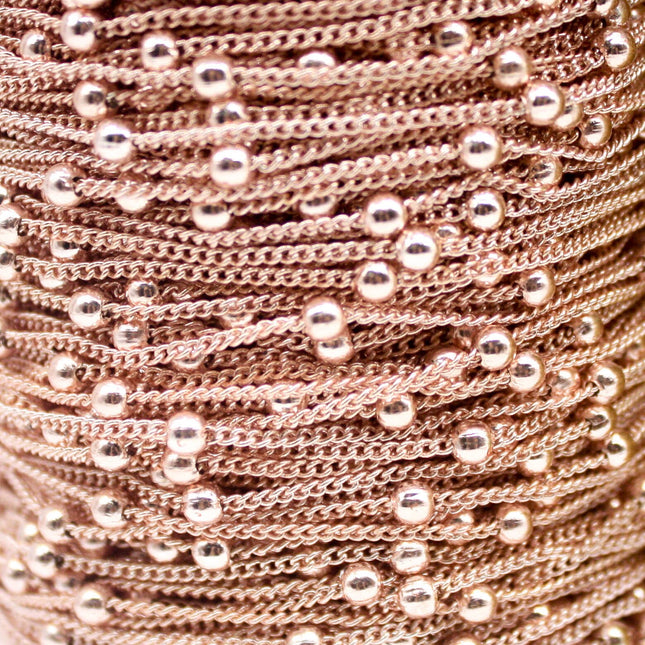 100 Ft Non Tarnished Satellite Curb Chain Rose Gold Plated  - 1.6mm Curb 3.5mm Large Beads - Anti Tarnish Free Chain - AT1.6SATBB