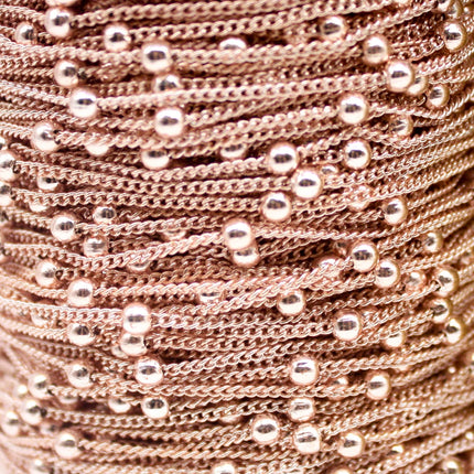 300 Ft Non Tarnished Satellite Curb Chain Rose Gold Plated  - 1.6mm Curb 3.5mm Large Beads - Anti Tarnish Free Chain - AT1.6SATBB
