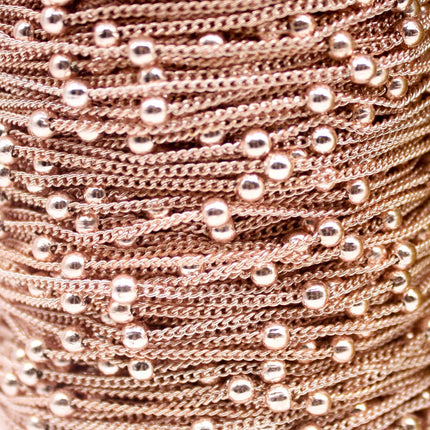 10 Ft Non Tarnished Satellite Curb Chain Rose Gold Plated  - 1.6mm Curb 3.5mm Large Beads - Anti Tarnish Free Chain - AT1.6SATBB