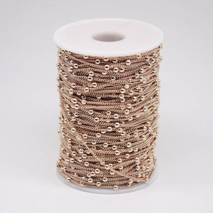 32 Ft Non Tarnish Satellite Curb Chain Champagne Gold Plated  - 1.6mm Curb 3.5mm Large Beads - Anti Tarnish Free Chain - AT1.6SATBB