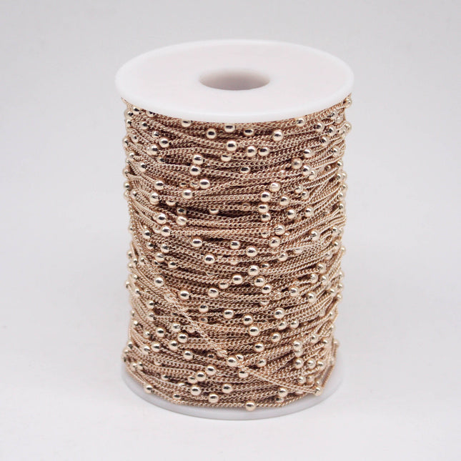 32 Ft Non Tarnish Satellite Curb Chain Champagne Gold Plated  - 1.6mm Curb 3.5mm Large Beads - Anti Tarnish Free Chain - AT1.6SATBB