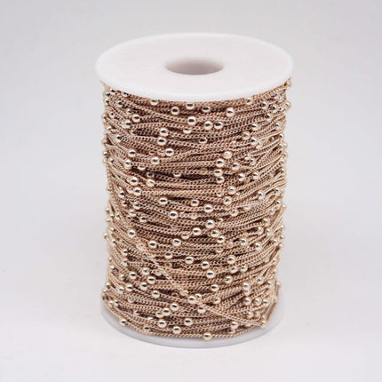 10 Ft Non Tarnish Satellite Curb Chain Champagne Gold Plated  - 1.6mm Curb 3.5mm Large Beads - Anti Tarnish Free Chain - AT1.6SATBB