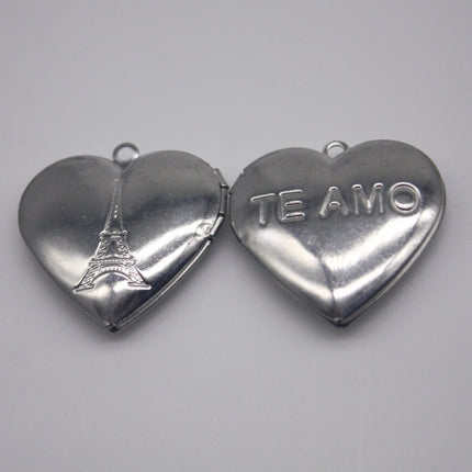 1/5/10/25 pcs STAINLESS STEEL "Eiffel Tower" & "TE_AMO" Heart Locket Pendant Charm - 29x29mm 6.8mm thickness - Pendant Charm