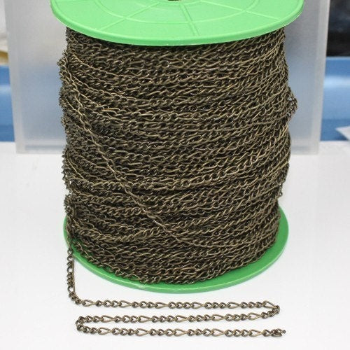 Antique Bronze Figaro Chain Bulk, 50 ft Brass FIGARO chain 7x3mm Links - Necklace Bracelet Wholesale Chain - 7x3FIG