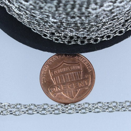 32 Ft Rhodium Plated Texture Chain Bulk Antique Silver Flat Oval Chunky Cable Chain - 4x3mm Unsoldered  - 43TEX