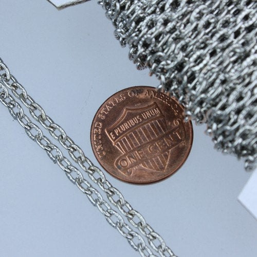 32 Ft Rhodium Plated Texture Chain Bulk Antique Silver Flat Oval Chunky Cable Chain - 4x3mm Unsoldered  - 43TEX