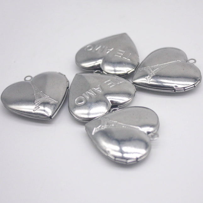 1/5/10/25 pcs STAINLESS STEEL "Eiffel Tower" & "TE_AMO" Heart Locket Pendant Charm - 29x29mm 6.8mm thickness - Pendant Charm