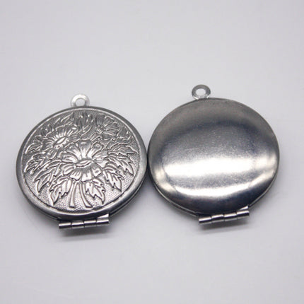 1 pcs STAINLESS STEEL Filigree Round Flower Hibiscus Locket Pendant Charm - 27x31mm 7mm thickness