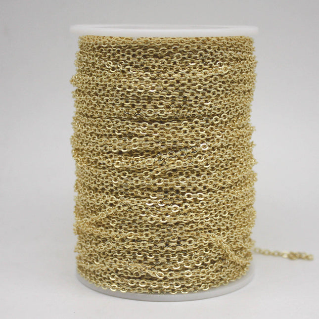 100 Ft Non Tarnish Flat Cable Chain Bulk - 18K Gold Plated Flat Cable Chain - 3.4x2.8mm SOLDERED Link - Anti Tarnish Free Resistant - AT3428