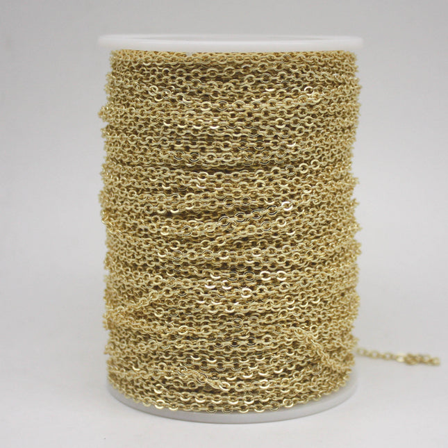 32 Ft Non Tarnish Flat Cable Chain Bulk - 18K Gold Plated Flat Cable Chain - 3.4x2.8mm SOLDERED Link - Anti Tarnish Free Resistant - AT3428