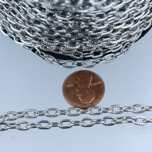 10 feet Rhodium Texture Chain Antique Silver Flat Texture Oval Chunky Cable Chain - 7.2x4.2mm Unsoldered - 7242TX