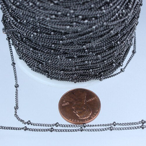 10 ft spool of Gunmetal Dainty Delicate curb SatelliteBall chain - 1.3mm soldered link - 1.3SAT