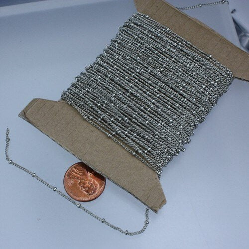 100 ft spool of Antique Silver Rhodium Plated SATELLITE Dainty Delicate curb BALL chain - 1.3mm soldered link - 1.3SAT