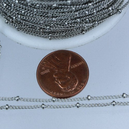 32 ft spool of Antique Silver Finished Rhodium Plated Dainty Delicate curb ball chain - 1.3mm soldered link - 1.3SAT