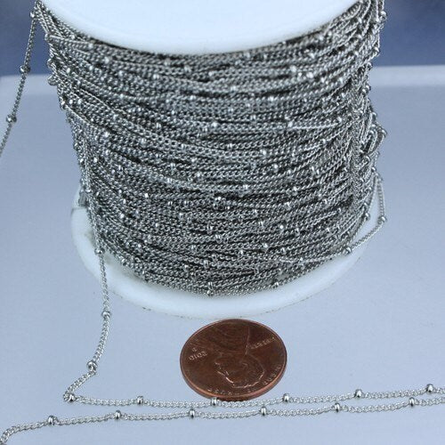 100 ft spool of Antique Silver Rhodium Plated SATELLITE Dainty Delicate curb BALL chain - 1.3mm soldered link - 1.3SAT