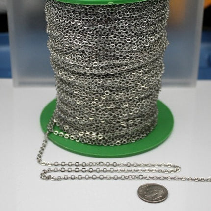 32 ft Rhodium Flat Cable Chain - 3.4x2.9mm SOLDERED Link - Antique Silver Bulk Flat Soldered Cable Chain - 3429F-RD