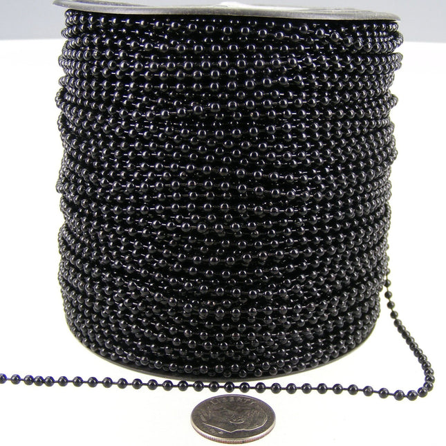 Black Chain Ball Bulk Chain, 32 ft. spool of ROUND BALL chain Necklace - 2.4mm ball size - w/ FREE 50pcs Connectors (Insert) - 24BALL