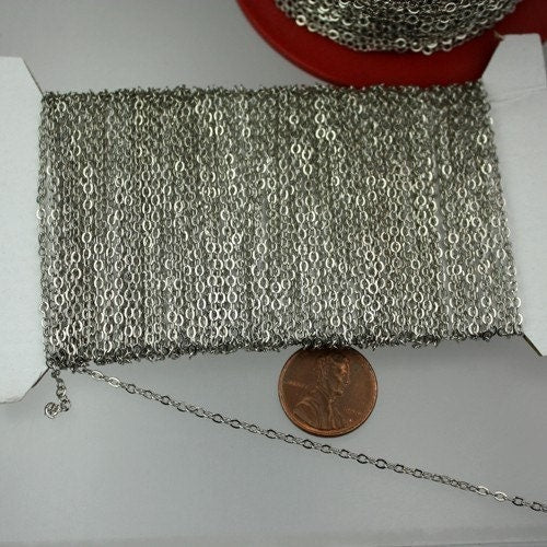Rhodium Plated Flat Chain Bulk, 32 feet Antique Silver Flat Cable Chain - 3x1.7mm SOLDERED - Necklace Bracelet DIY Wholesale Bulk 317F