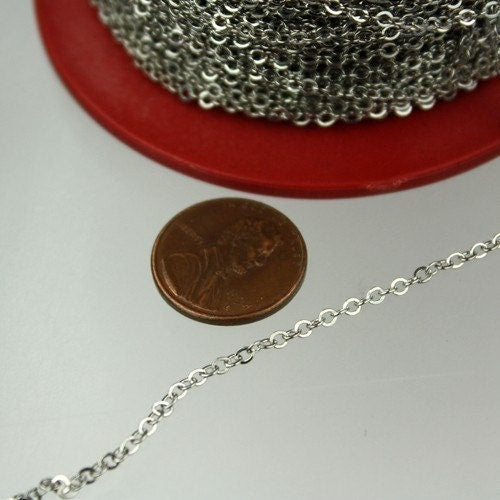 Rhodium Plated Flat Chain Bulk, 32 feet Antique Silver Flat Cable Chain - 3x1.7mm SOLDERED - Necklace Bracelet DIY Wholesale Bulk 317F