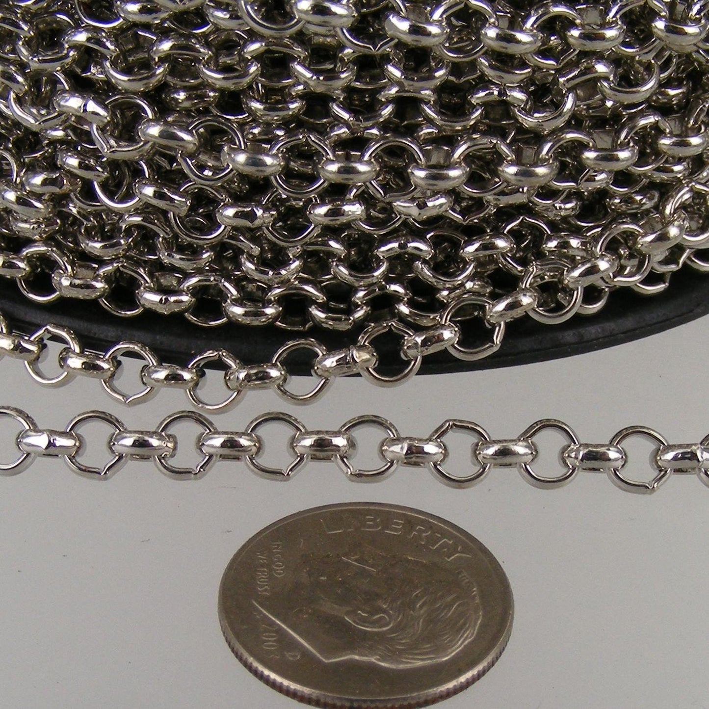 Rhodium Plated Rolo Chain bulk, 12 ft of Antique Silver Rolo Cable Chain 4.7mm - Unsoldered Links -   Wholesale - 47ROLO
