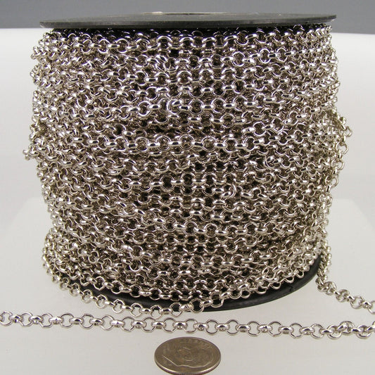 Rhodium Plated Rolo Chain bulk, 12 ft of Antique Silver Rolo Cable Chain 4.7mm - Unsoldered Links -   Wholesale - 47ROLO