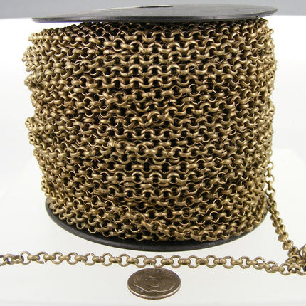 Antique Bronze Rolo Chain bulk, 100 ft of Rolo BRASS Cable Chain 4.7mm - Unsoldered Links -   Wholesale Bulk - 47ROLO