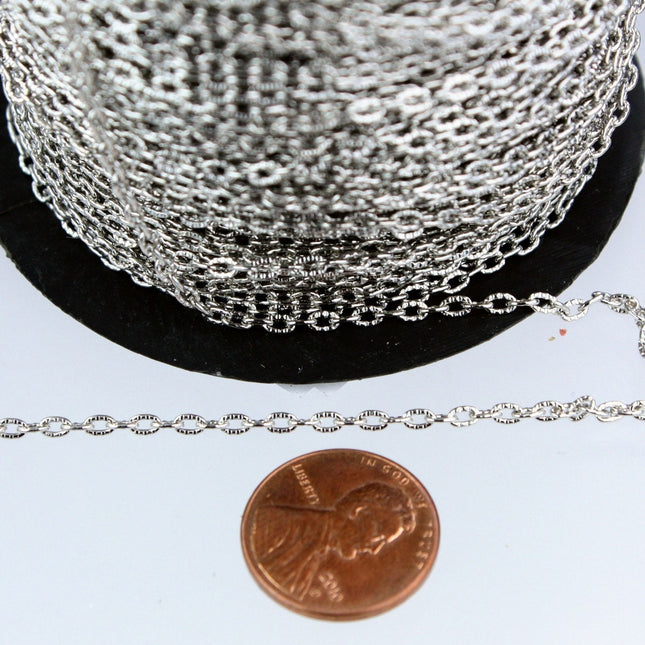 Rhodium Texture Chain Bulk, 300 ft. of Antique Silver Flat Texture Oval Chunky Cable Chain - 3x2mm Unsoldered - 32TEX