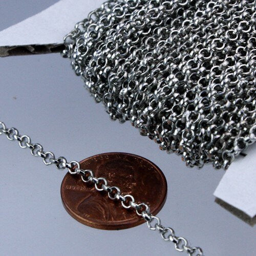Rhodium Plated Rolo Chain bulk, 12 ft of Antique Silver Rolo Cable Chain 2.5mm - Unsoldered Links - 25ROLO