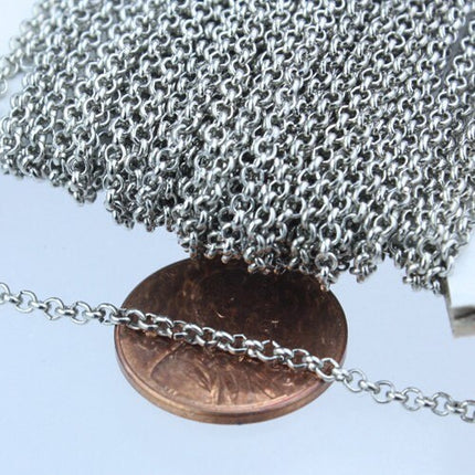 50 feet of Rhodium Plated Rolo Chain bulk, Antique Silver Rolo Cable Chain 2.0mm 2mm - Unsoldered Links -  Wholesale Bulk - 20ROLO