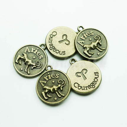 Zodiac Charm, Message Charm - Antique Brass - 28mm 3mm thickness 2.5mm Hole - Aries - March 21 to April 19