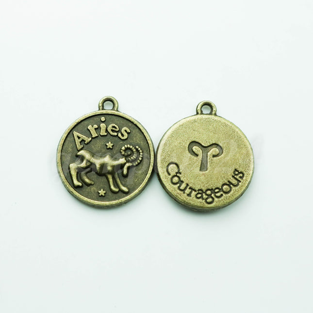 Zodiac Charm, Message Charm - Antique Brass - 28mm 3mm thickness 2.5mm Hole - Aries - March 21 to April 19