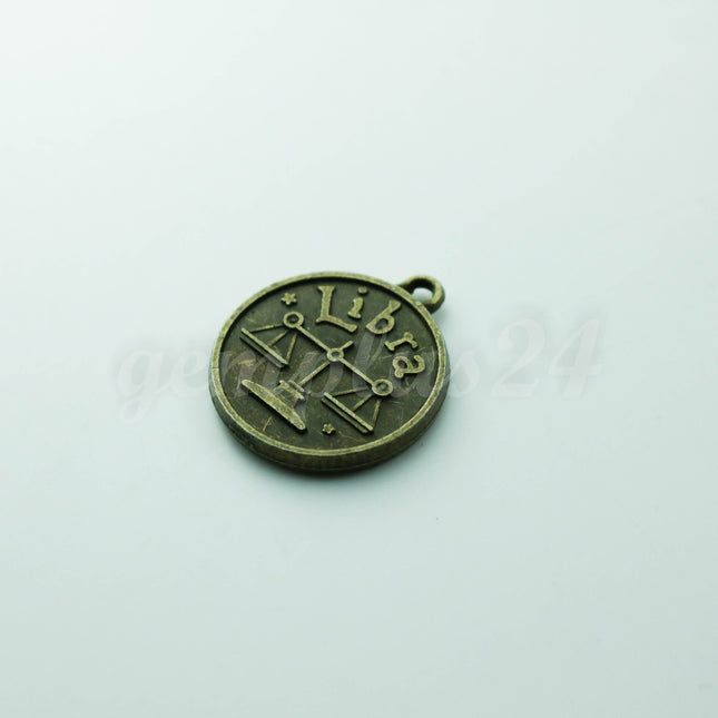 Zodiac Charm, Message Charm - Antique Brass - 28mm 3mm thickness 2.5mm Hole - Libra - September 23 - October 22