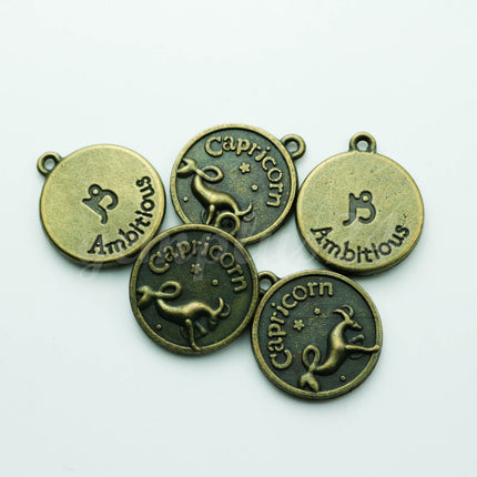 Zodiac Charm, Message Charm - Antique Brass - 28mm 3mm thickness 2.5mm Hole - Capricorn - December 22 - January 19