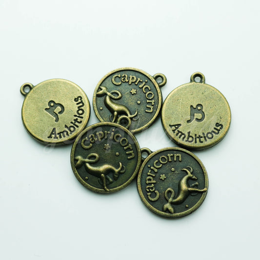 5 pcs of Zodiac Charm, Message Charm - Antique Brass - 28mm 3mm thickness 2.5mm Hole - Capricorn - December 22 - January 19